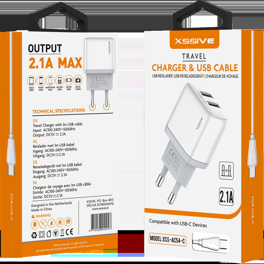 Xssive Duo USB Charger+Cable USB-C 2.1A XSS-AC54-C